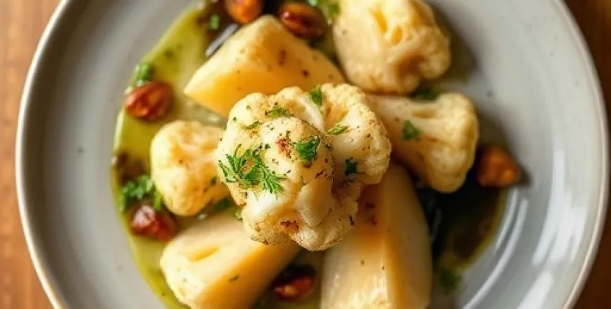 Chou-fleur au beurre noir avec noisettes et poires