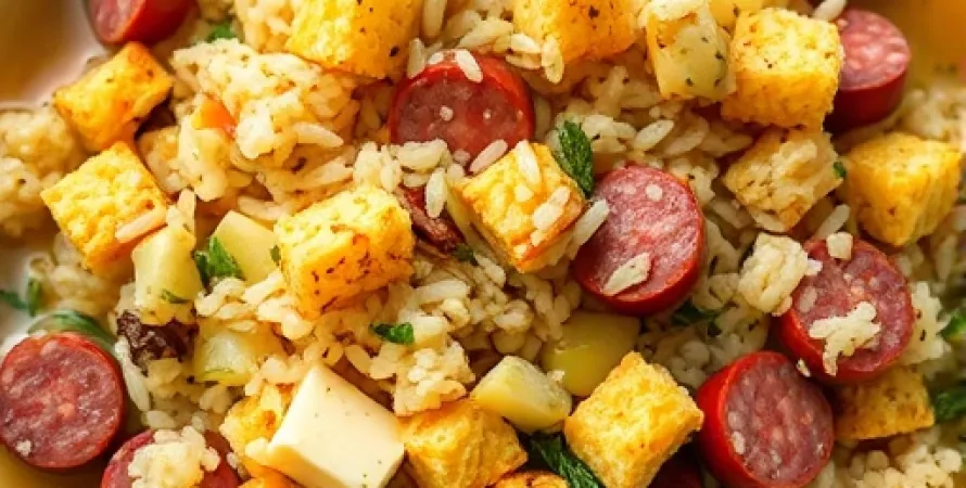 Farce de cornbread au riz sauvage et saucisses