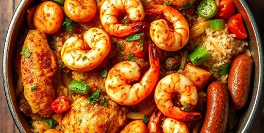 Jambalaya de poulet, crevettes et saucisse