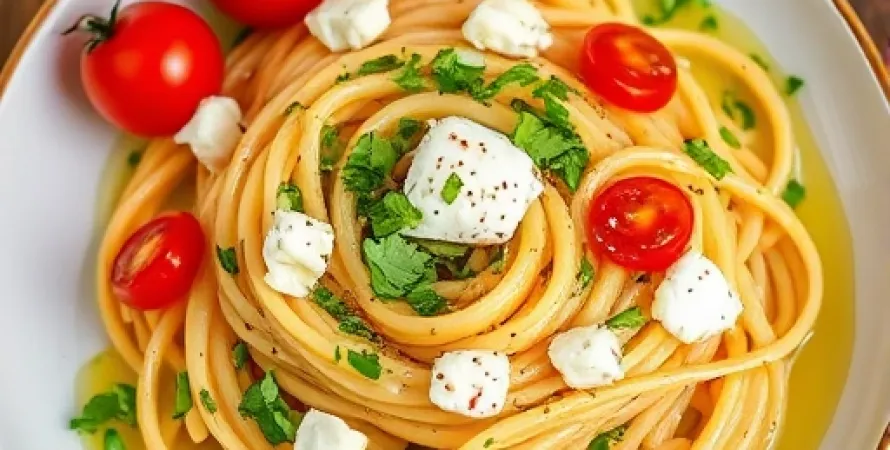 Pâtes fraîches aux herbes, fromage et tomates