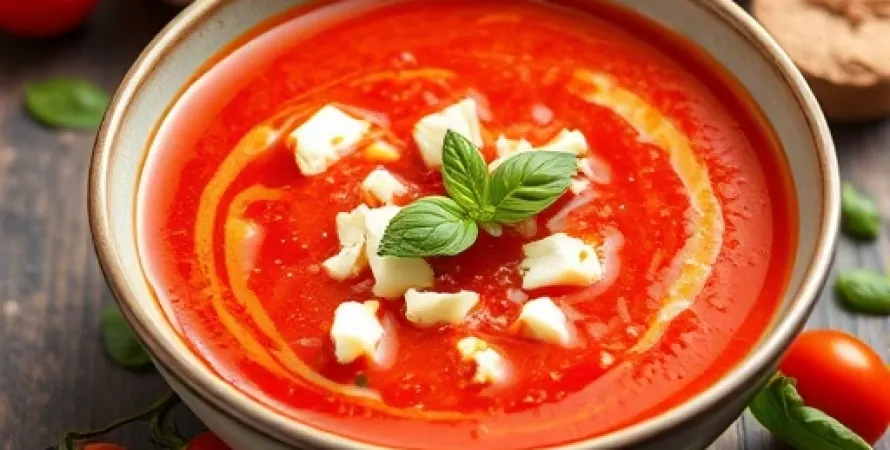 Soupe de poivrons rouges et tomates avec feta