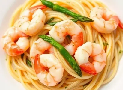 Pâtes aux crevettes et asperges en sauce à l'aneth