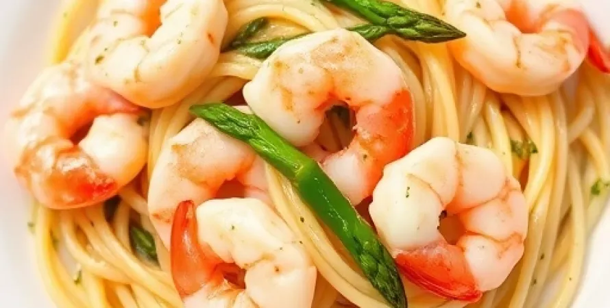 Pâtes aux crevettes et asperges en sauce à l'aneth