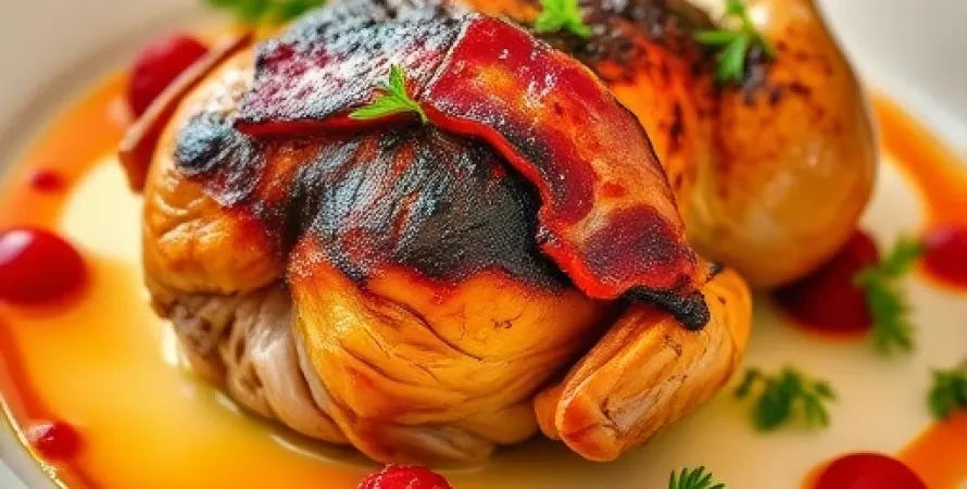 Poulet au bacon et glace de framboise