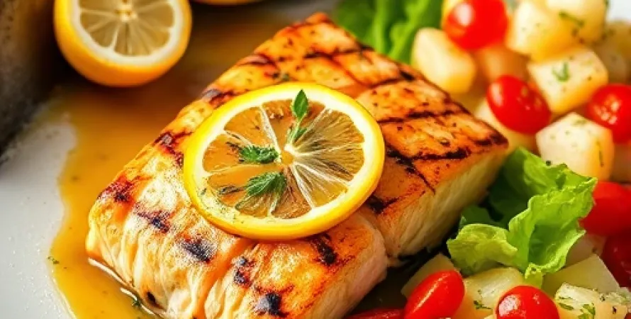 Saumon panne chaud avec sauce citron et poivron