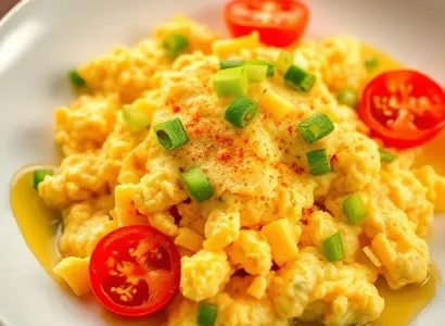 Oeufs brouillés au fromage Cheddar et tomate