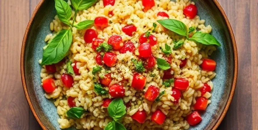 Salade d'orzo au maïs rouge et pesto de coriandre