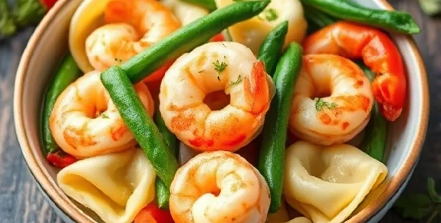 Tortellinis aux crevettes, haricots verts et poivrons rouges