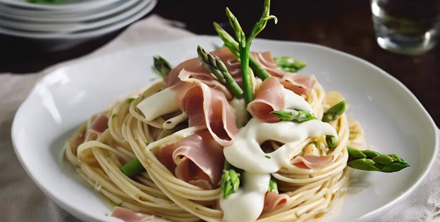 Spaghetti aux asperges, mozzarella fumée et prosciutto