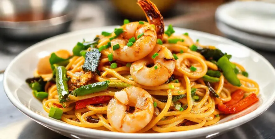 Pâtes frites aux crevettes