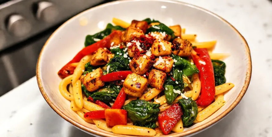 Pennes au tofu rôti, poivrons et épinards