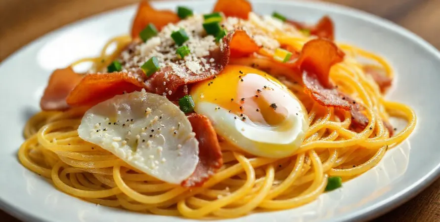 Spaghetti au prosciutto et oeuf