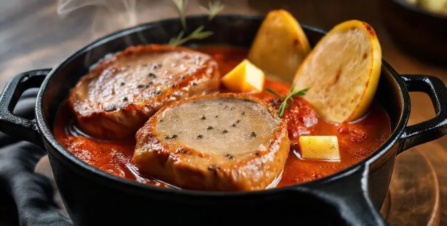 Côtes de porc braisées aux pommes de terre et sauce tomate