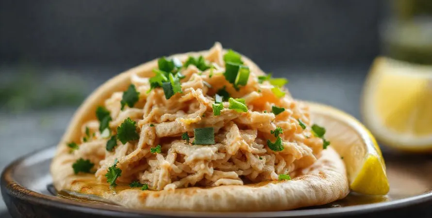 Pita au poulet effiloché, citron et persil frais