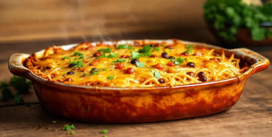 Gratin de spaghetti aux légumes Tex-Mex et cheddar