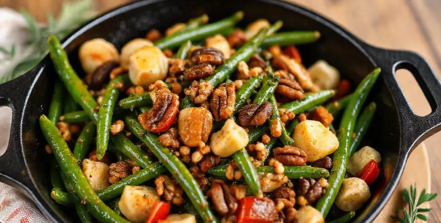 Poêlée de haricots verts, cœurs d'artichaut et noix de pécan