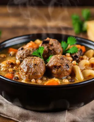 Soupe paysanne aux boulettes de bœuf et champignons