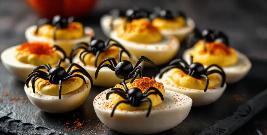 Œufs mimosas d'Halloween aux araignées d'olives noires