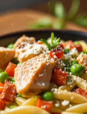 Pennes au poulet et sauce aux petits pois