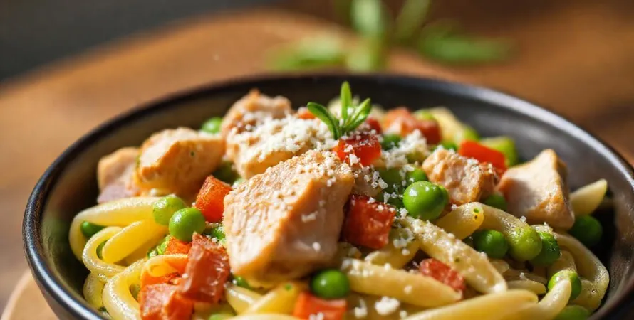 Pennes au poulet et sauce aux petits pois