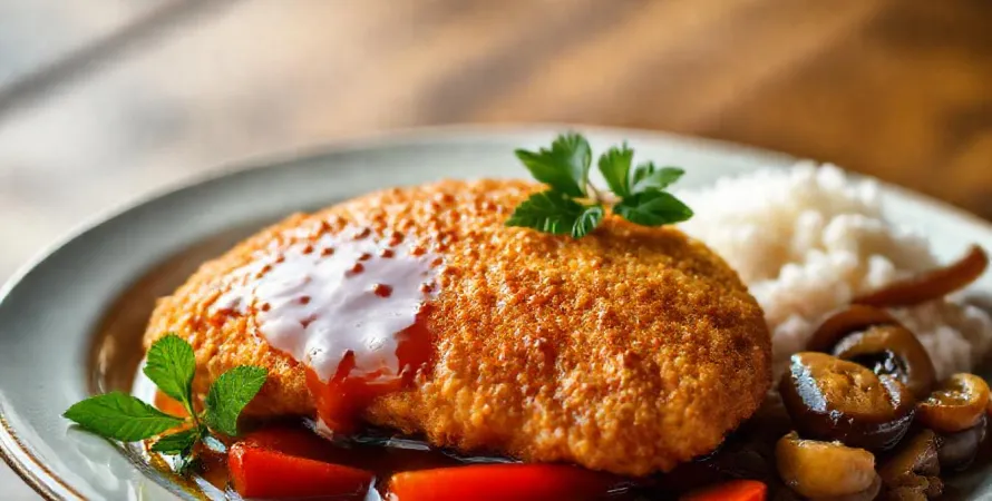 Poulet pané caramélisé à la confiture d'abricot et légumes
