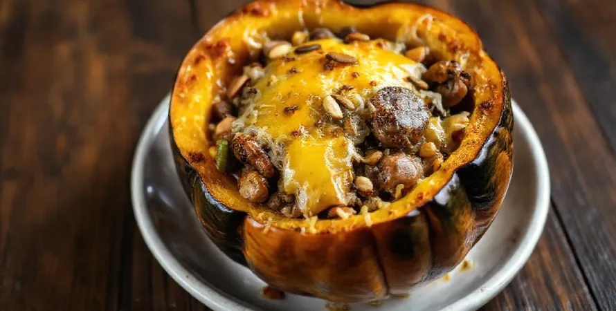 Courge poivrée farcie aux champignons et graines de tournesol