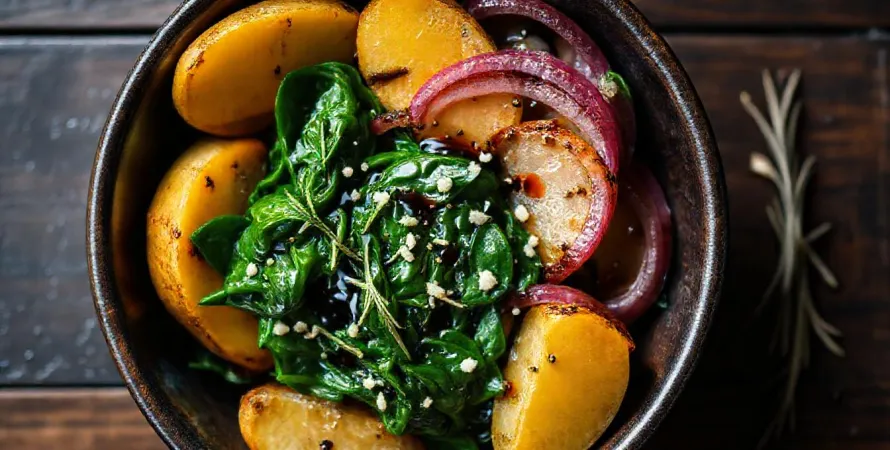 Pommes de terre grenailles et oignons confits aux épinards