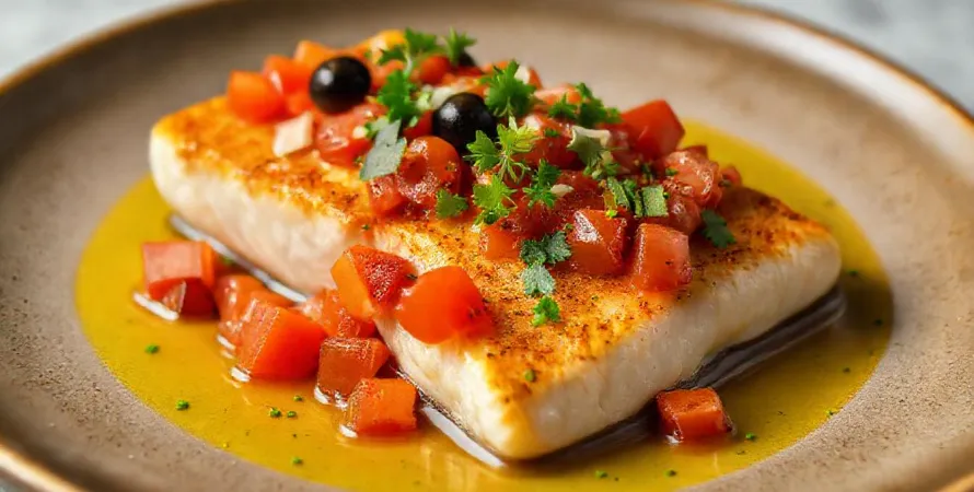 Filet de cabillaud à la vinaigrette tiède de tomate et olives noires