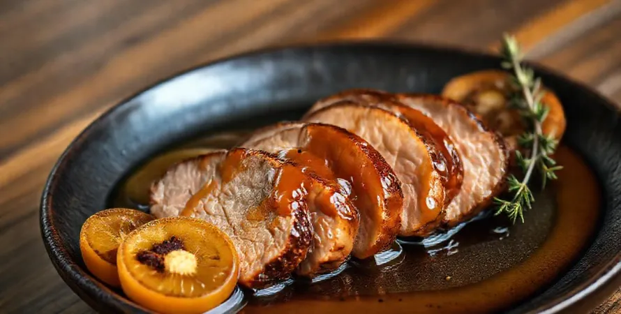 Filet mignon de porc rôti, laquage à l'abricot et oignons confits