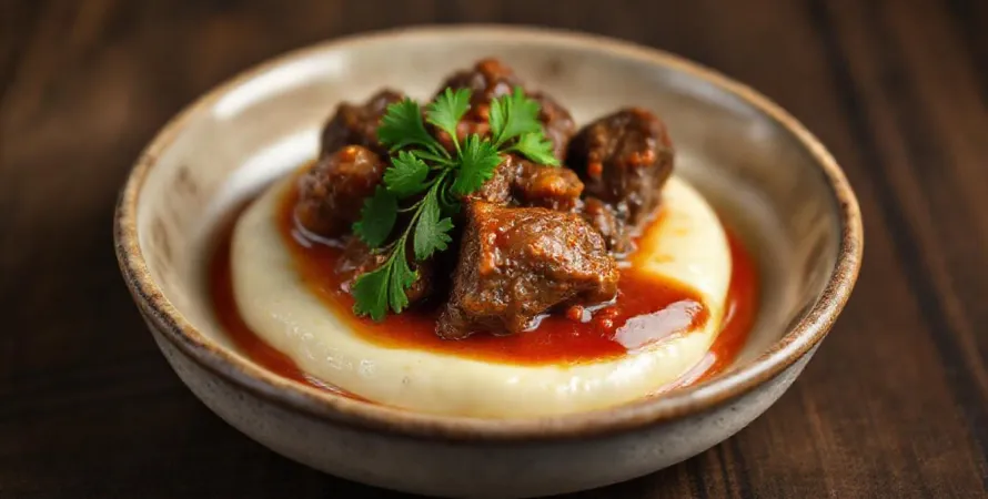 Sauté d'agneau fondant sur sa mousseline d'aubergines au fromage