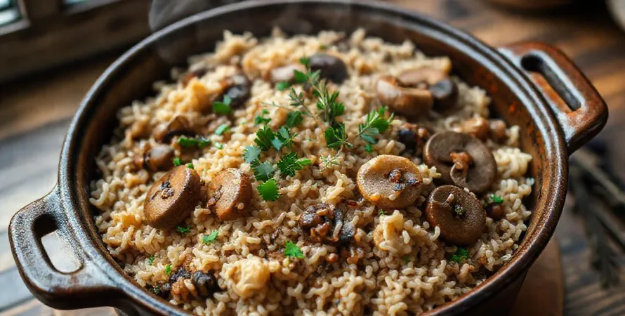Cocotte de riz sauvage aux champignons et herbes