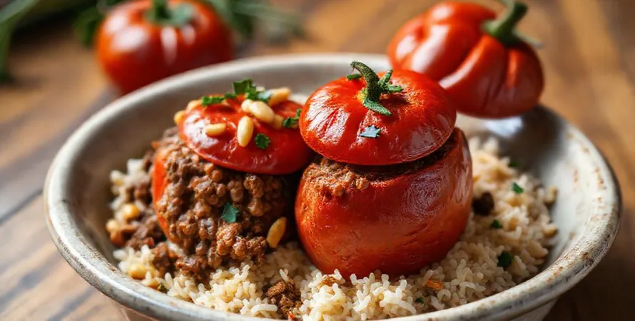 Tomates farcies au bœuf, riz et pignons de pin