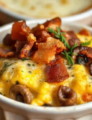 Gratin d'œufs brouillés au lard fumé et champignons