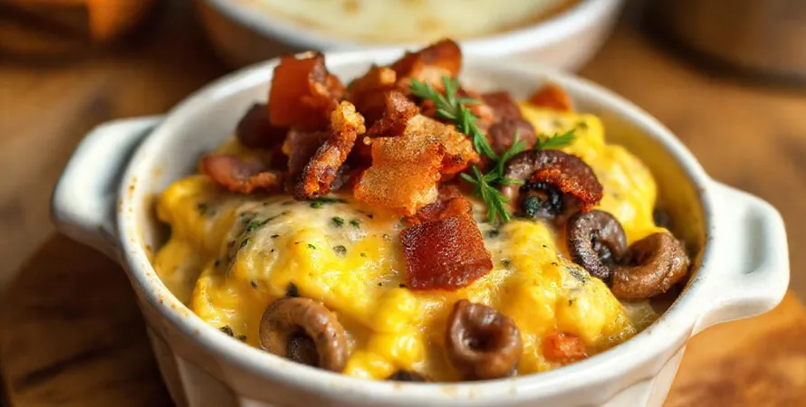 Gratin d'œufs brouillés au lard fumé et champignons