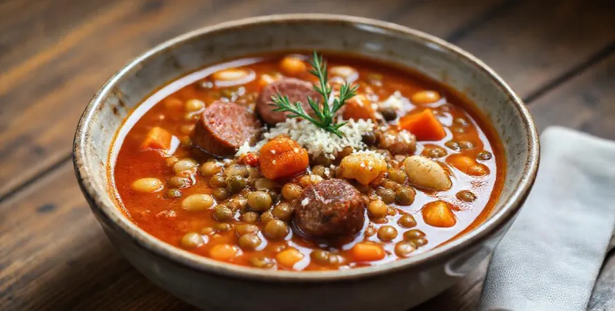 Soupe paysanne aux lentilles et saucisse fumée