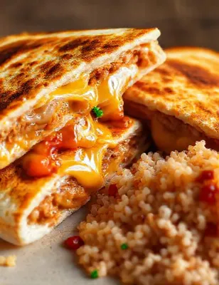Quesadillas au poulet, cheddar et riz épicé