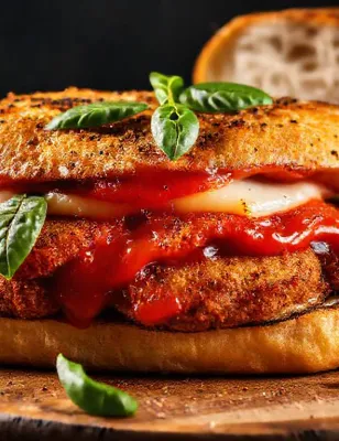 Sandwich chaud à l'aubergine panée et mozzarella