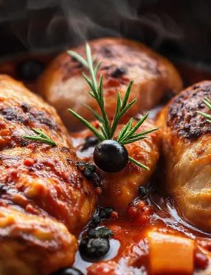 Cuisses de poulet braisées aux tomates et olives noires