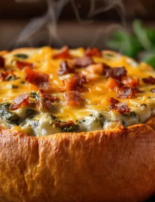 Pain farci chaud aux épinards, bacon et cheddar