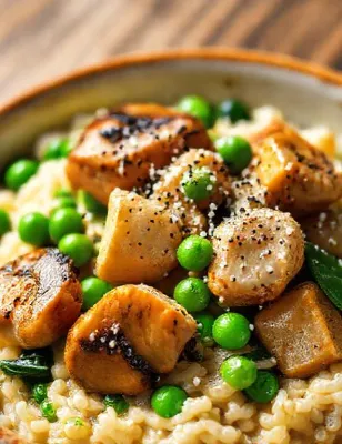 Risotto au poulet, champignons et petits pois