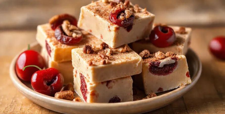 Fudge au lait de poule, cerises et noix de pécan