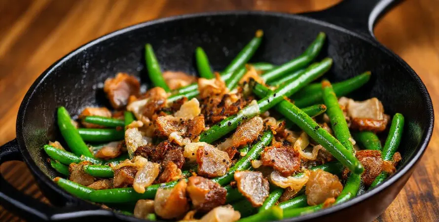 Poêlée de haricots verts aux lardons et échalotes