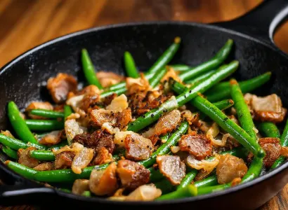Poêlée de haricots verts aux lardons et échalotes