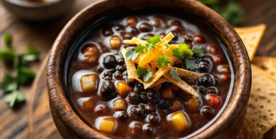 Soupe mexicaine aux haricots noirs et tortillas grillées