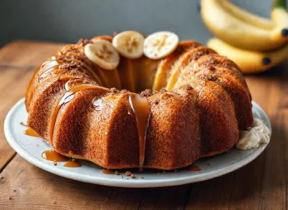 Gâteau moelleux à la banane, crème fraîche et éclats de caramel