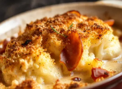 Gratin de chou-fleur au jambon cru et croûte de parmesan