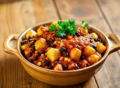 Gratin de haricots noirs, maïs et pommes de terre aux épices