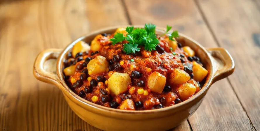 Gratin de haricots noirs, maïs et pommes de terre aux épices