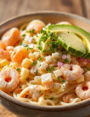 Salade de pâtes aux crevettes, estragon et cheddar