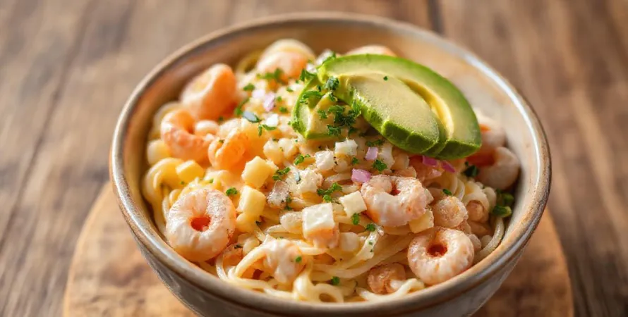 Salade de pâtes aux crevettes, estragon et cheddar